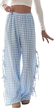 MBZJSDKHLK Women Y2K Gingham Pants High Elastic Waist Bow